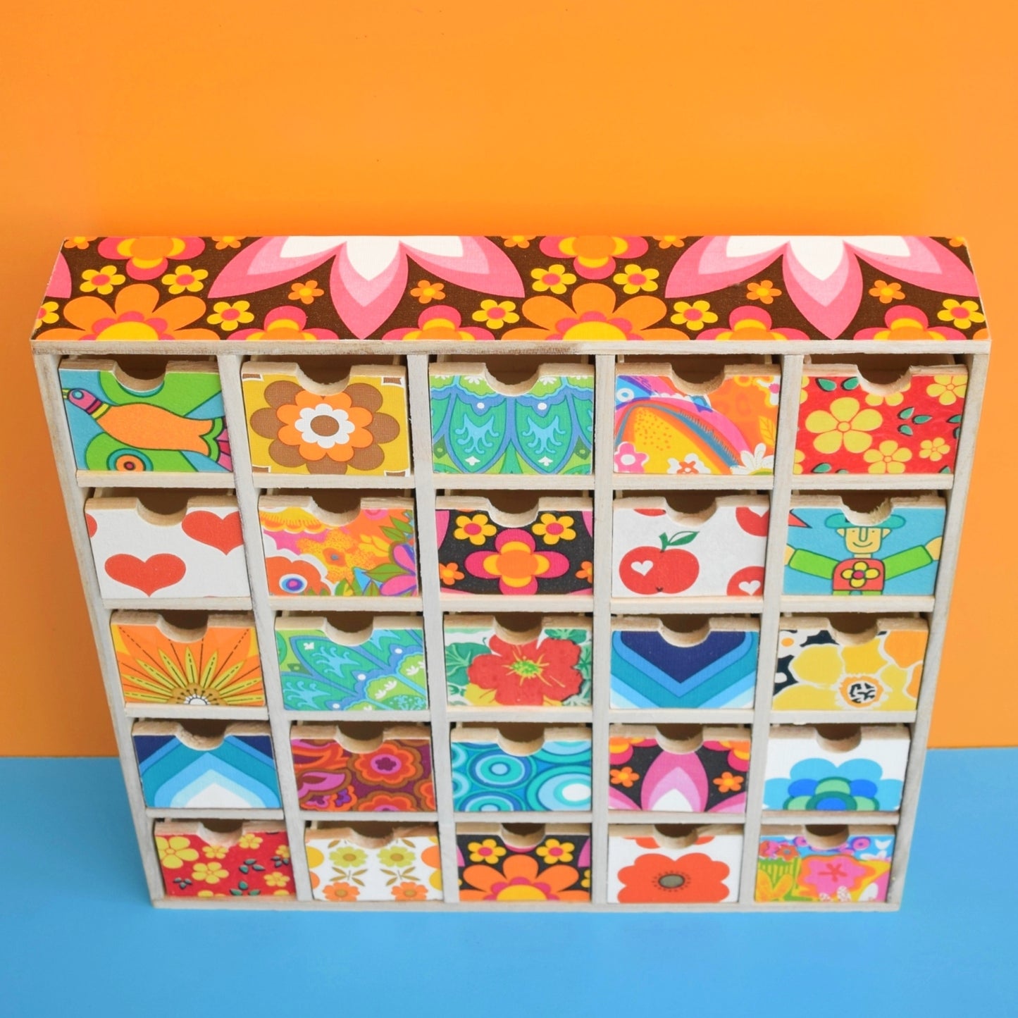 Retro Wooden Multi Drawer Unit - Vintage Wallpapers - Patchwork - Brights