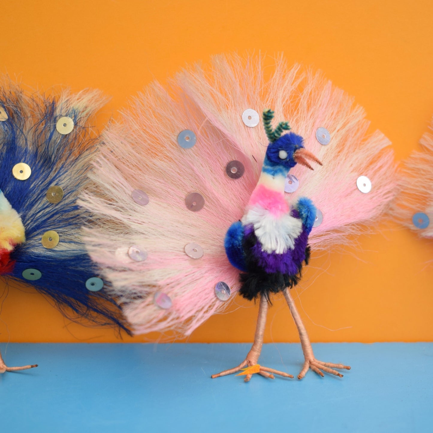 Vintage 1960s Kitsch Pipe Cleaner Peacocks x4