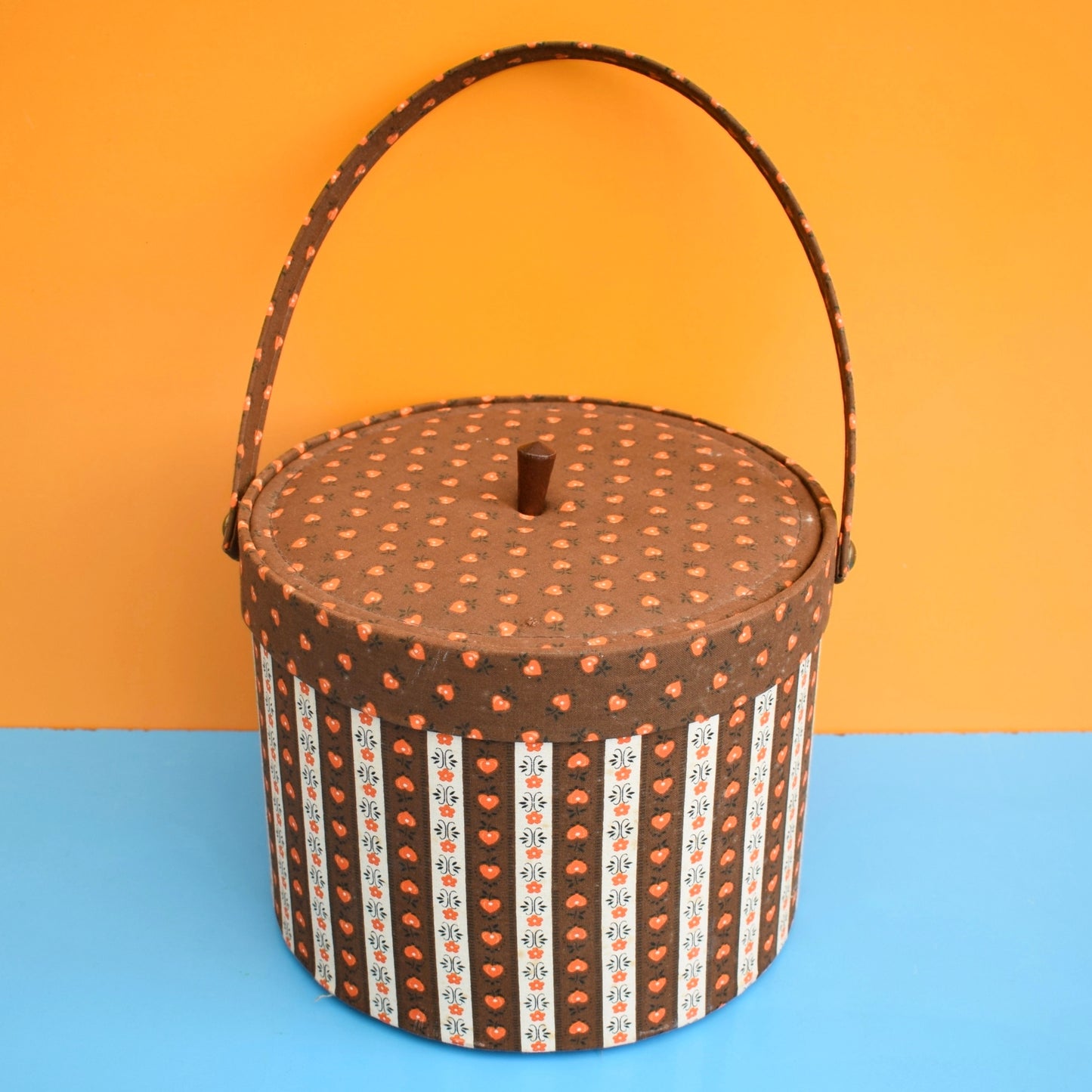 Vintage 1960s Round Sewing / Hobby Box - Brown & Orange