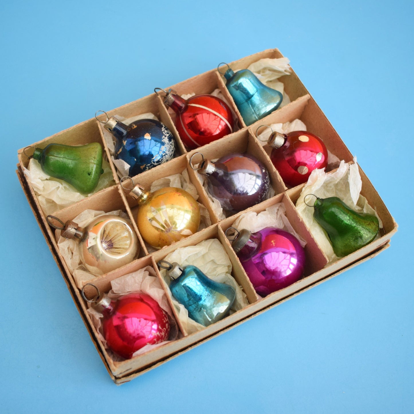 Vintage Small 1960s Glass Christmas Baubles / Decorations x 12 Boxed