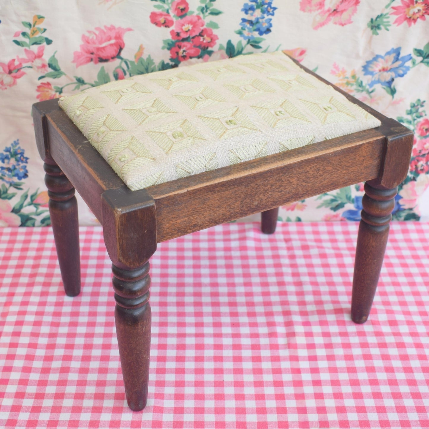 Vintage Turned Dark Oak Footstool - Soft Green Upholstery