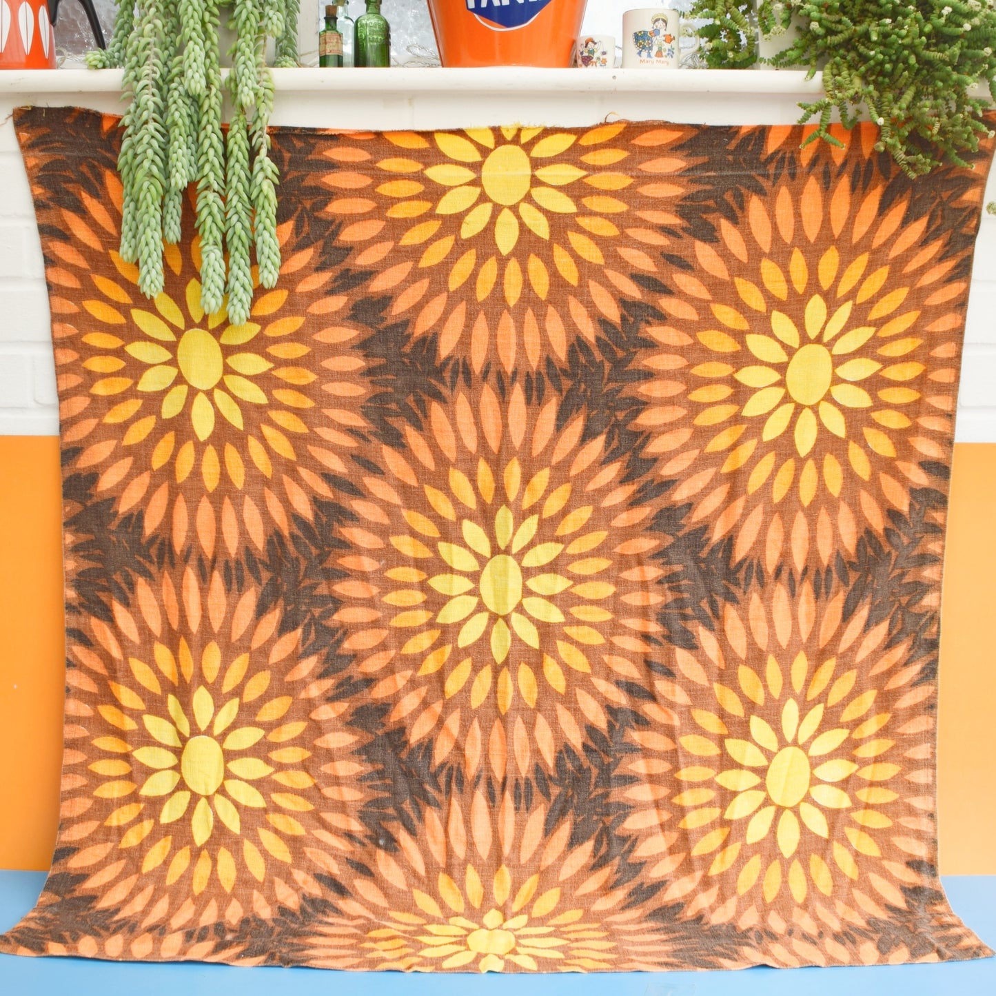 Vintage 1960s Barkcloth Fabric - Orange & Brown Flower