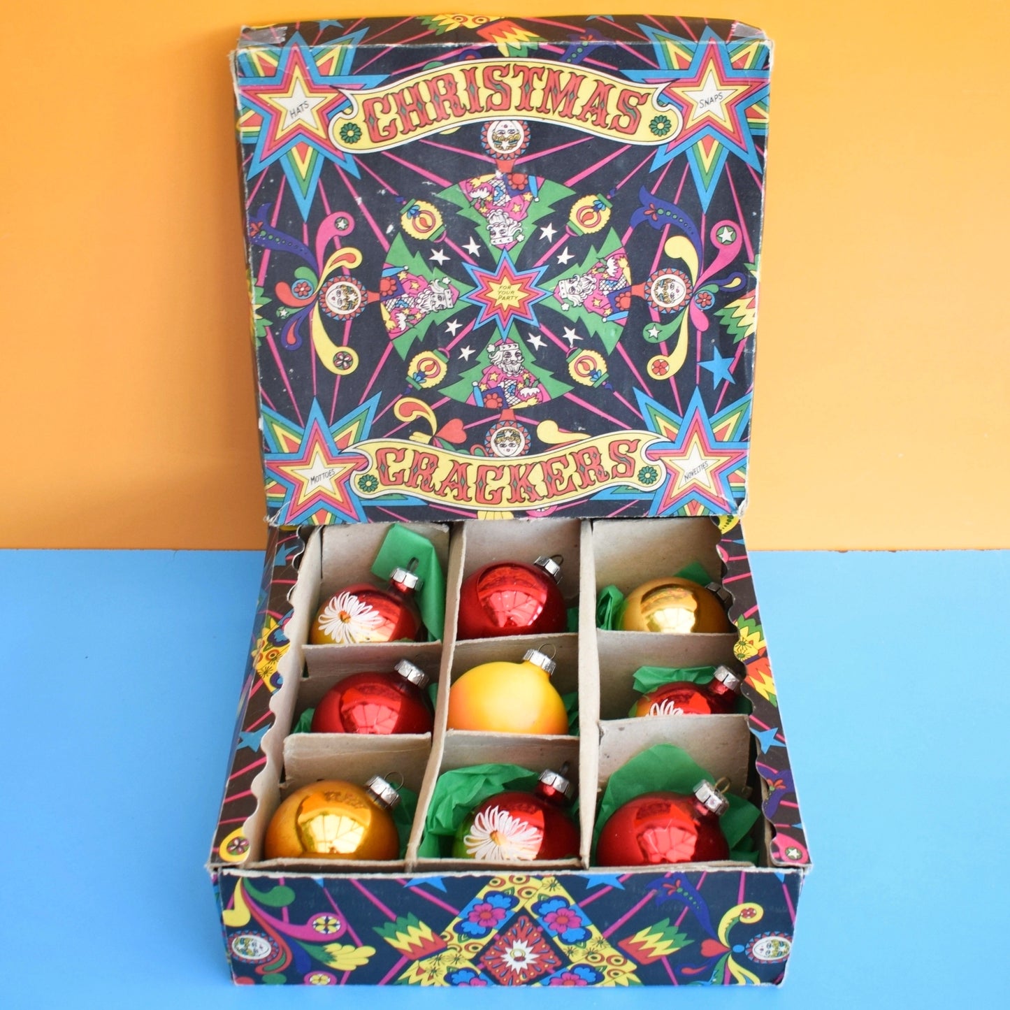 Vintage 1970s Glass Christmas Large Baubles In Amazing Box