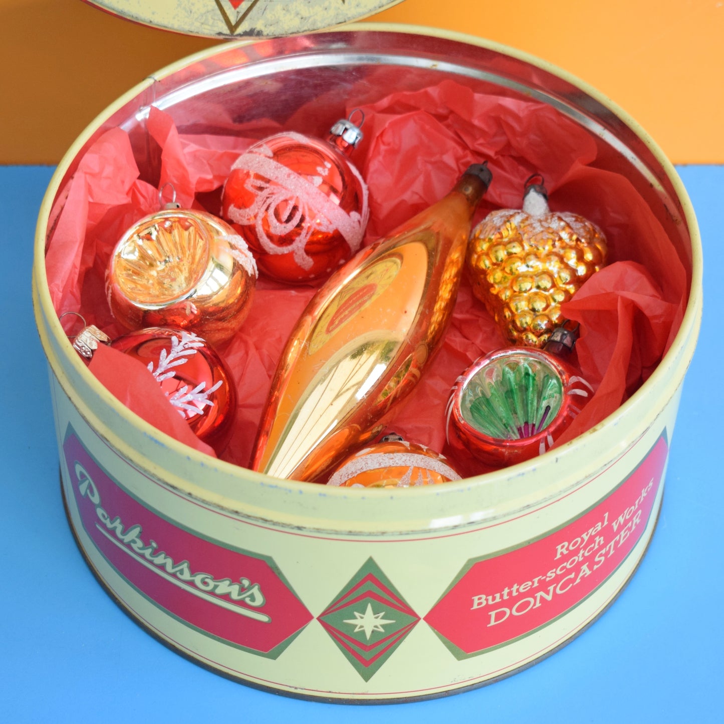 Vintage 1960s Glass Baubles - Sweetie Tin - Red & Gold