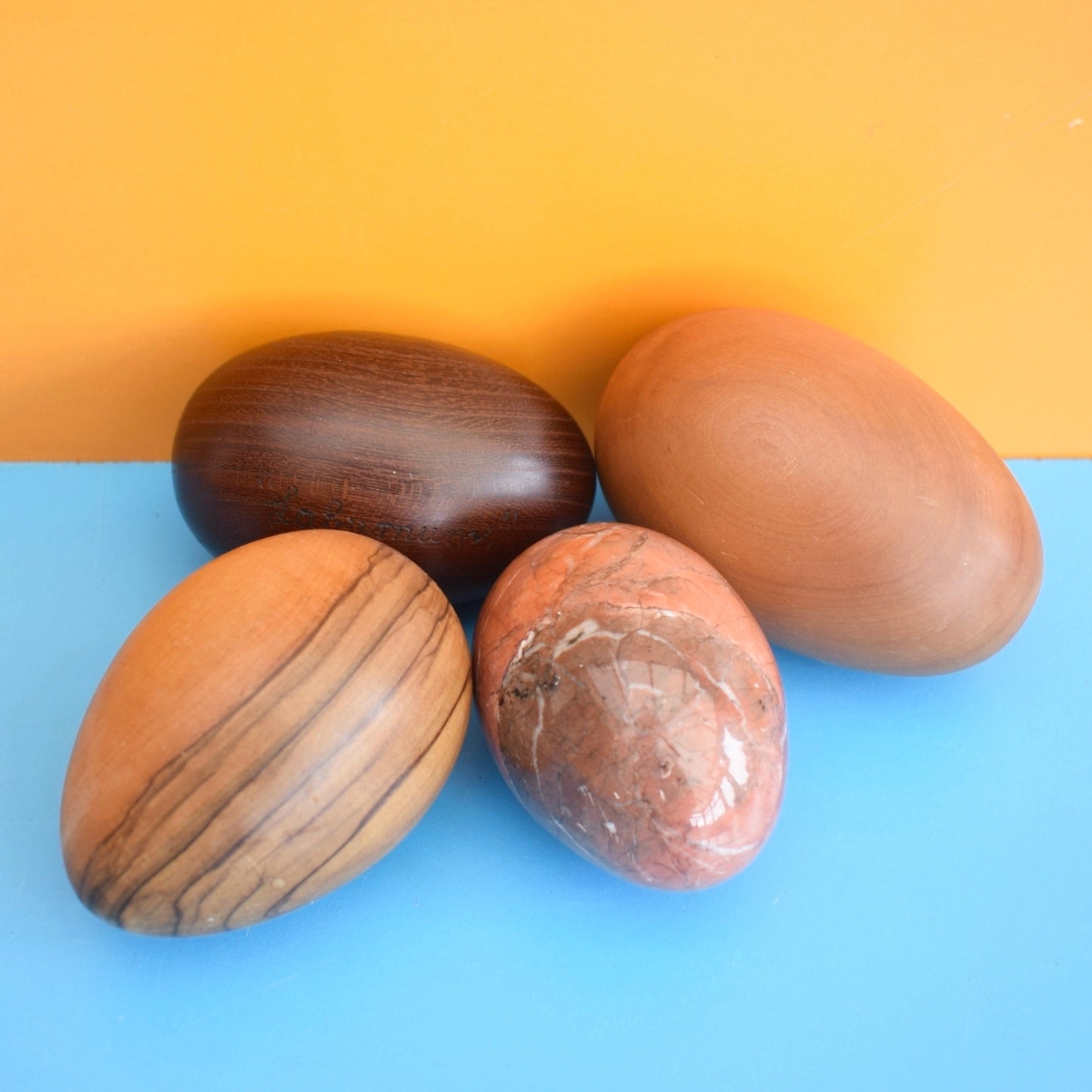Vintage 1970s Tactile Wooden / Agate Eggs - Handmade