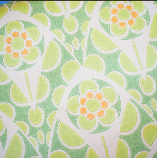 Vintage 1960s Wallpaper - Green/ Orange Flower