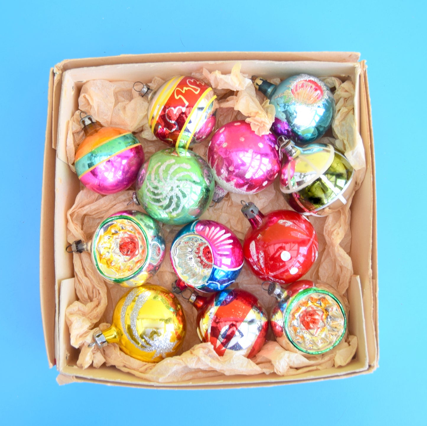 Vintage 1950s Mixed Small Glass Christmas Baubles - Boxed