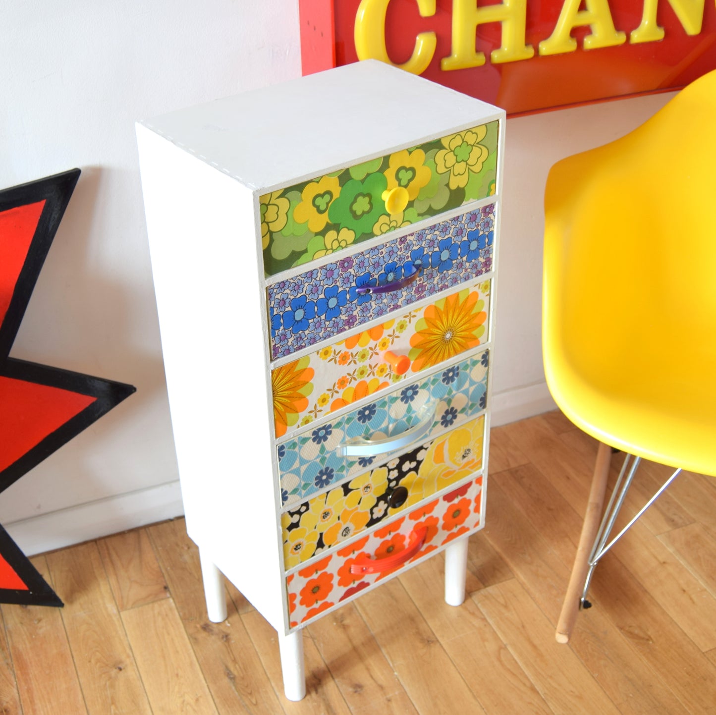 Vintage 1970s Drawer Unit - Vintage Wallpapers / Handles - Patchwork
