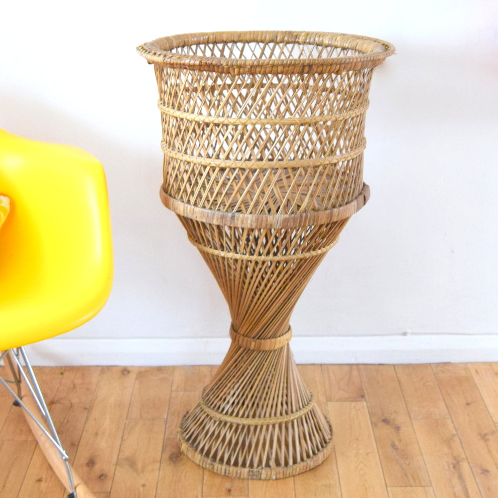 Vintage 1970s Extra Large Wicker / Bamboo Pedestal Planter