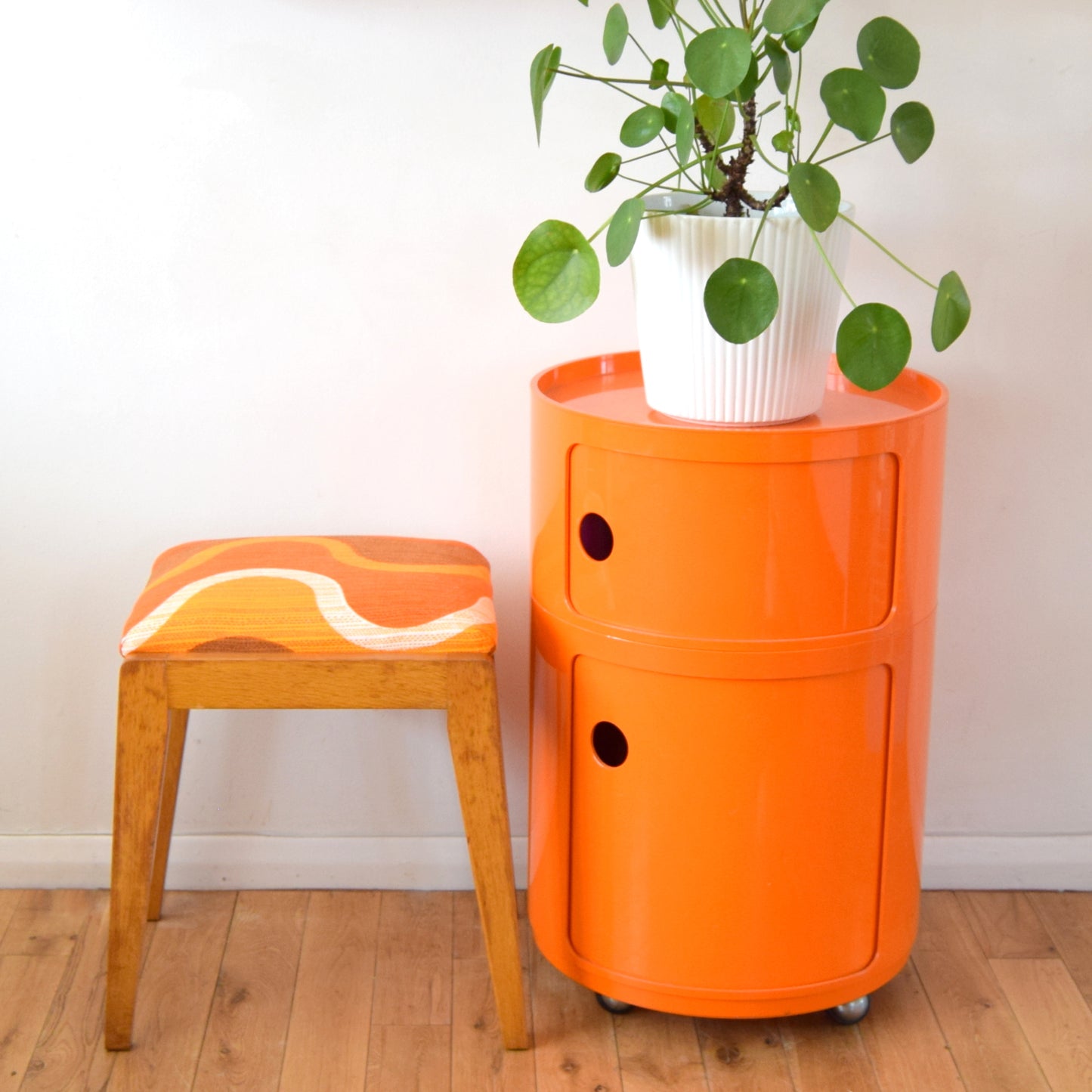 Vintage 1960s Wooden Stool - Orange Swirl Fabric