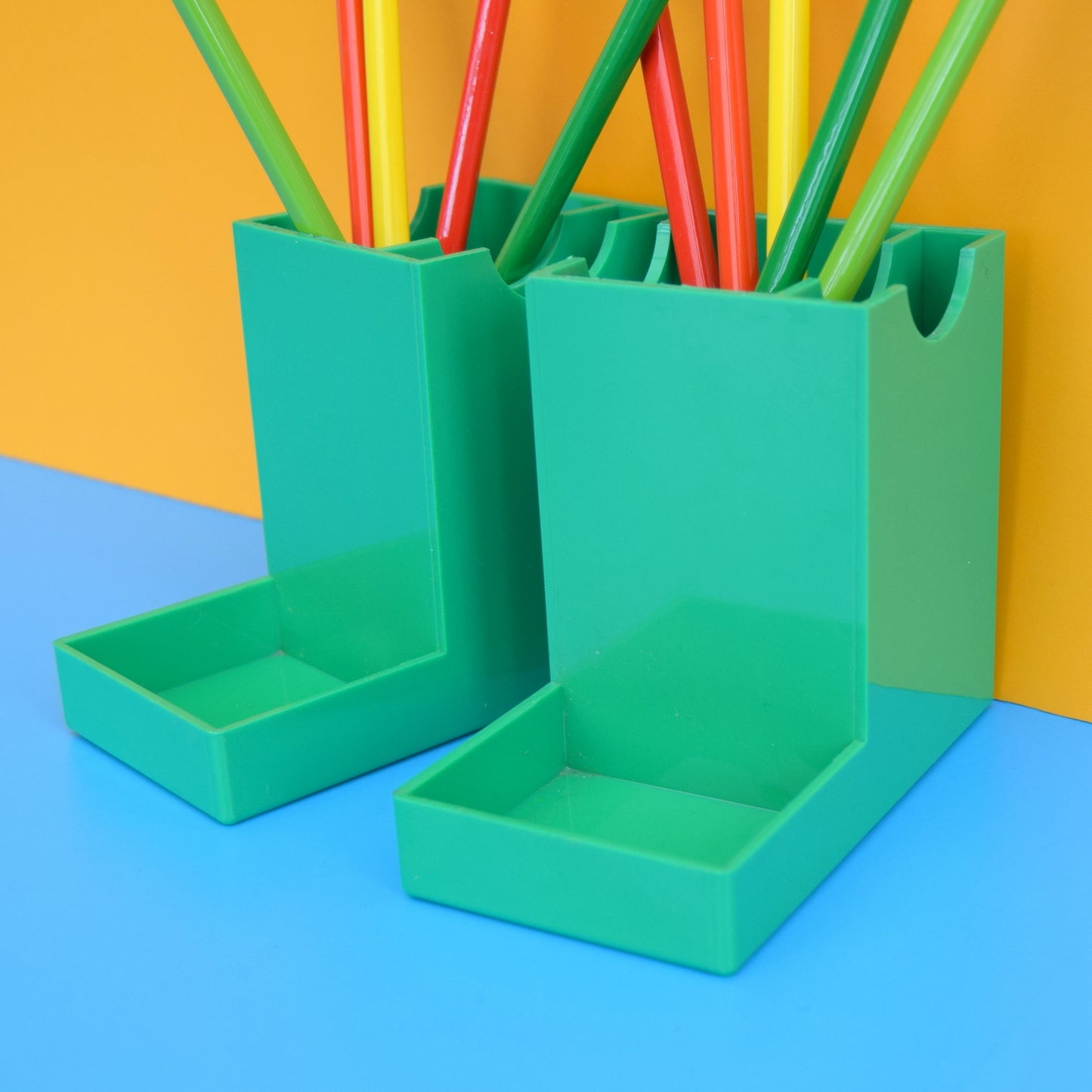 Vintage 1980s Acrylic Pencil Pot / Hole Punch - Green / Orange