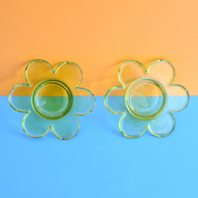 Vintage 1990s Glass Flower Candle Holders x2 - Lime Green