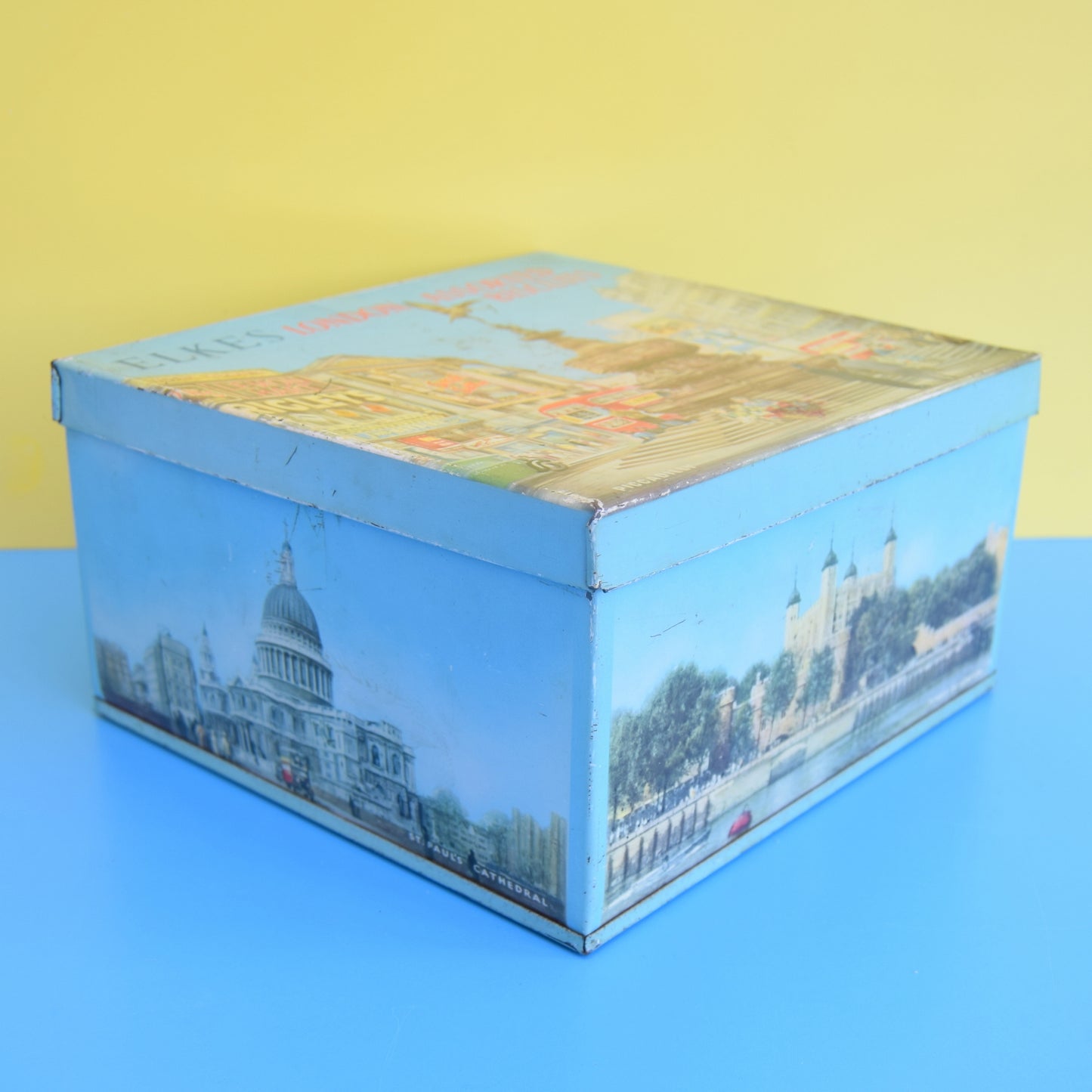 Vintage 1950s Metal Elkes Large Biscuit Tin - London Design by Vintage