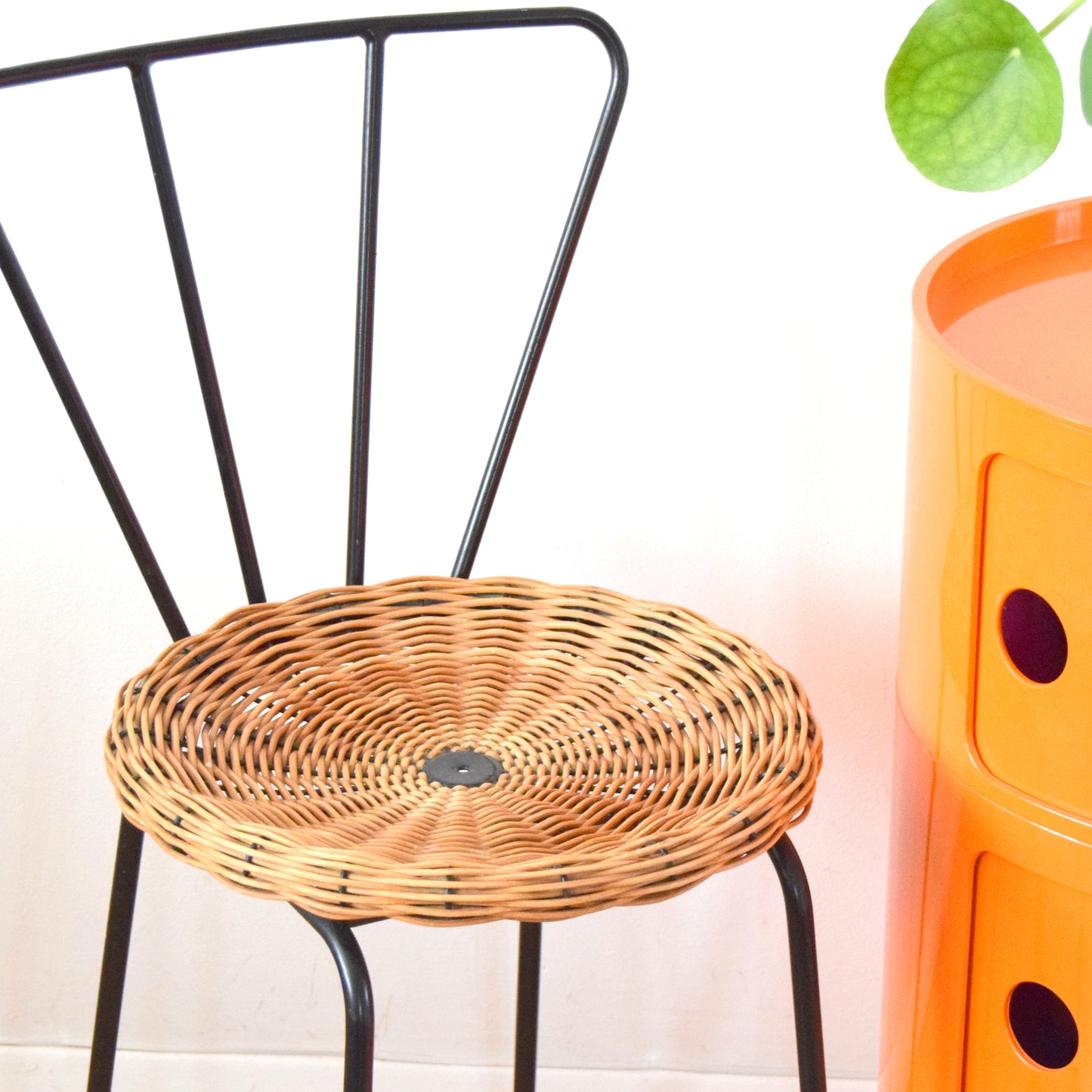 Vintage 1950s Wicker Chair - Black Metal Frame