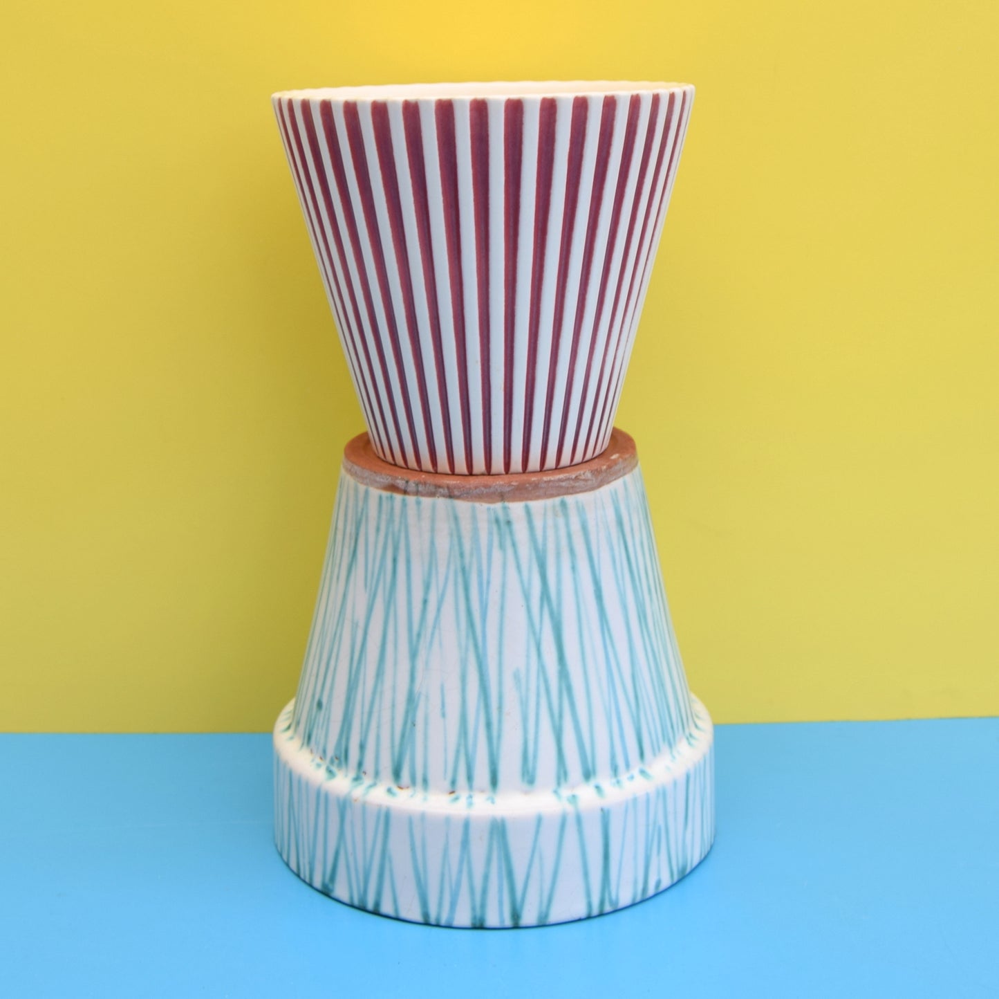 Vintage 1950s Ceramic Plant Pots - Hornsea - Maroon / Aqua