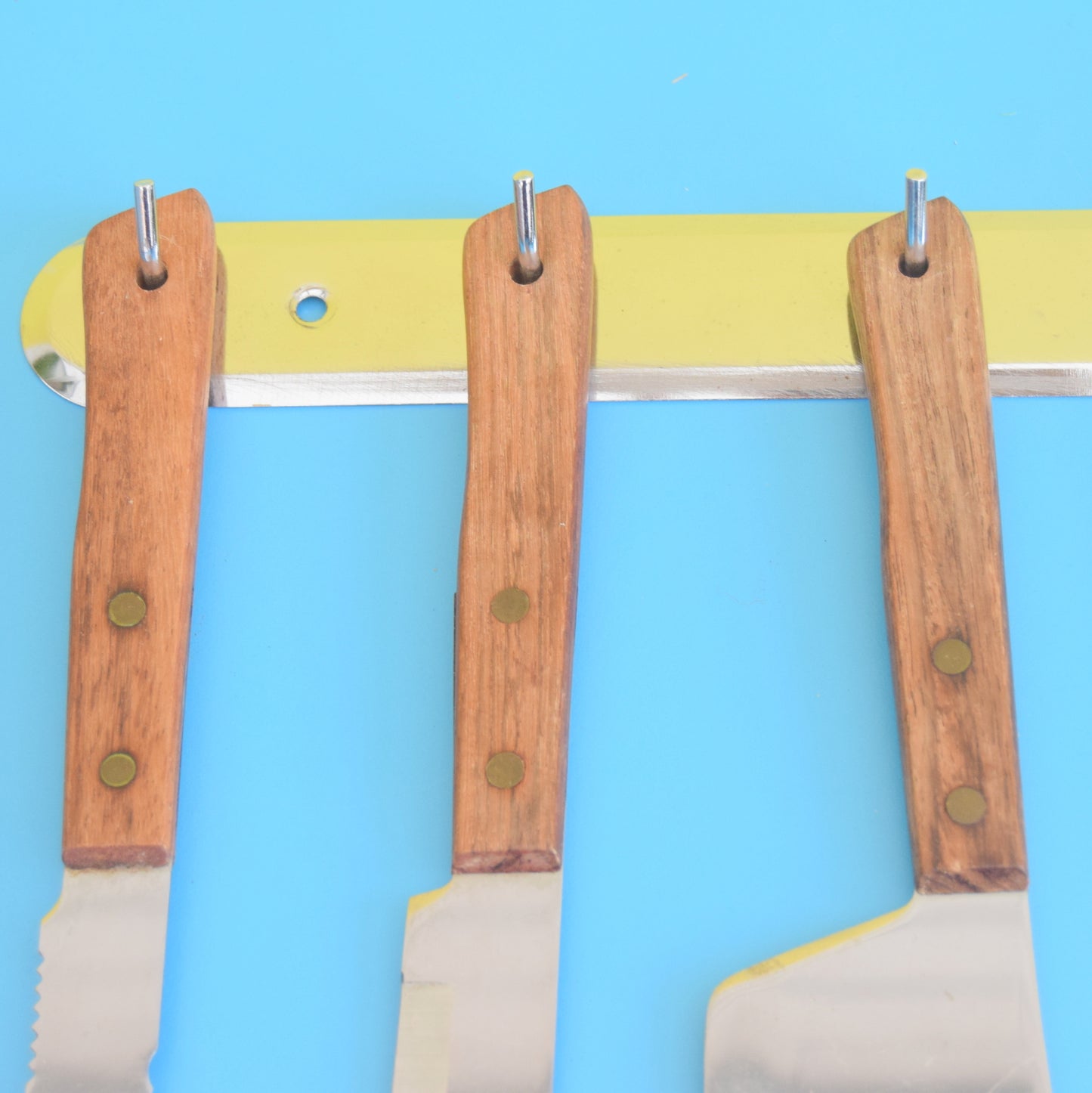 Vintage 1960s Kitchen Utensils - Wood Handles With Chrome Rack