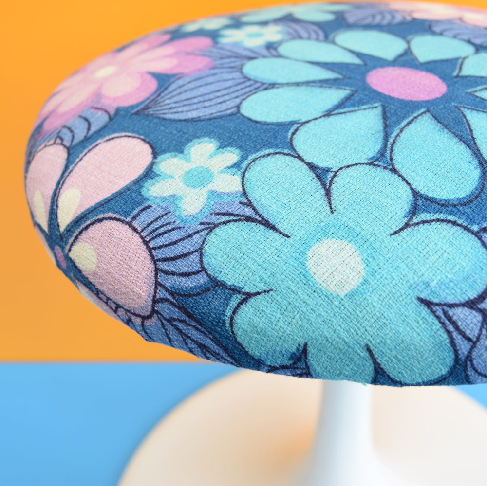 Vintage Tulip Based Stool - 1960s Flower Power Fabric - Blue / Purple