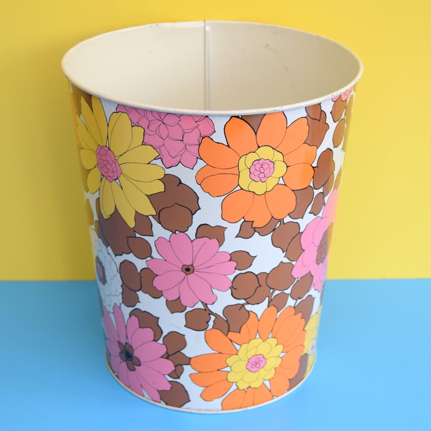 Vintage 1960s Metal Waste Paper Bin - Pink & Orange Flower Power