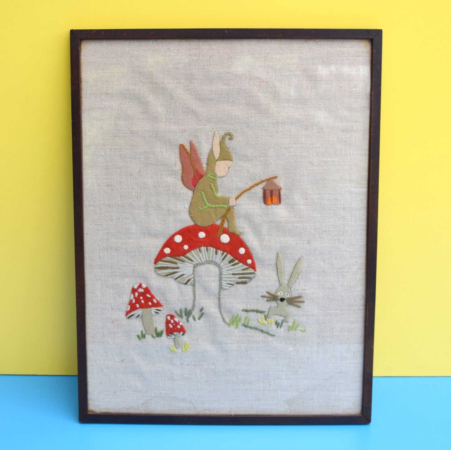 Vintage 1950s Embroidered Felt Picture - Toadstool & Pixie