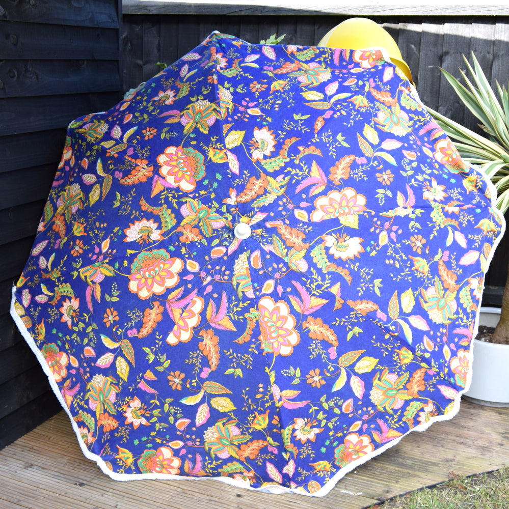 Vintage 1970s - Garden Parasol / Umbrella - Blue & Orange Flowers