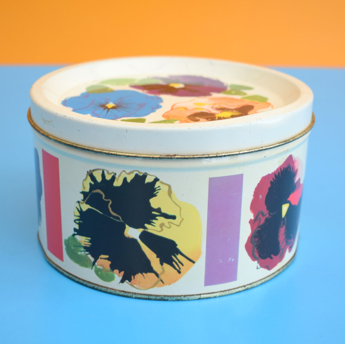 Vintage 1970s Metal Tin - Flower Power - Pansies