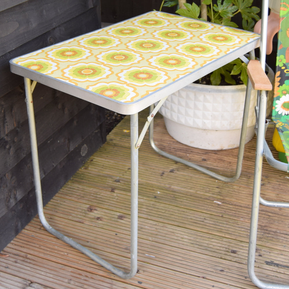 Vintage 1960s Folding Table - Camping, Glamping - Flower Power Design- Green