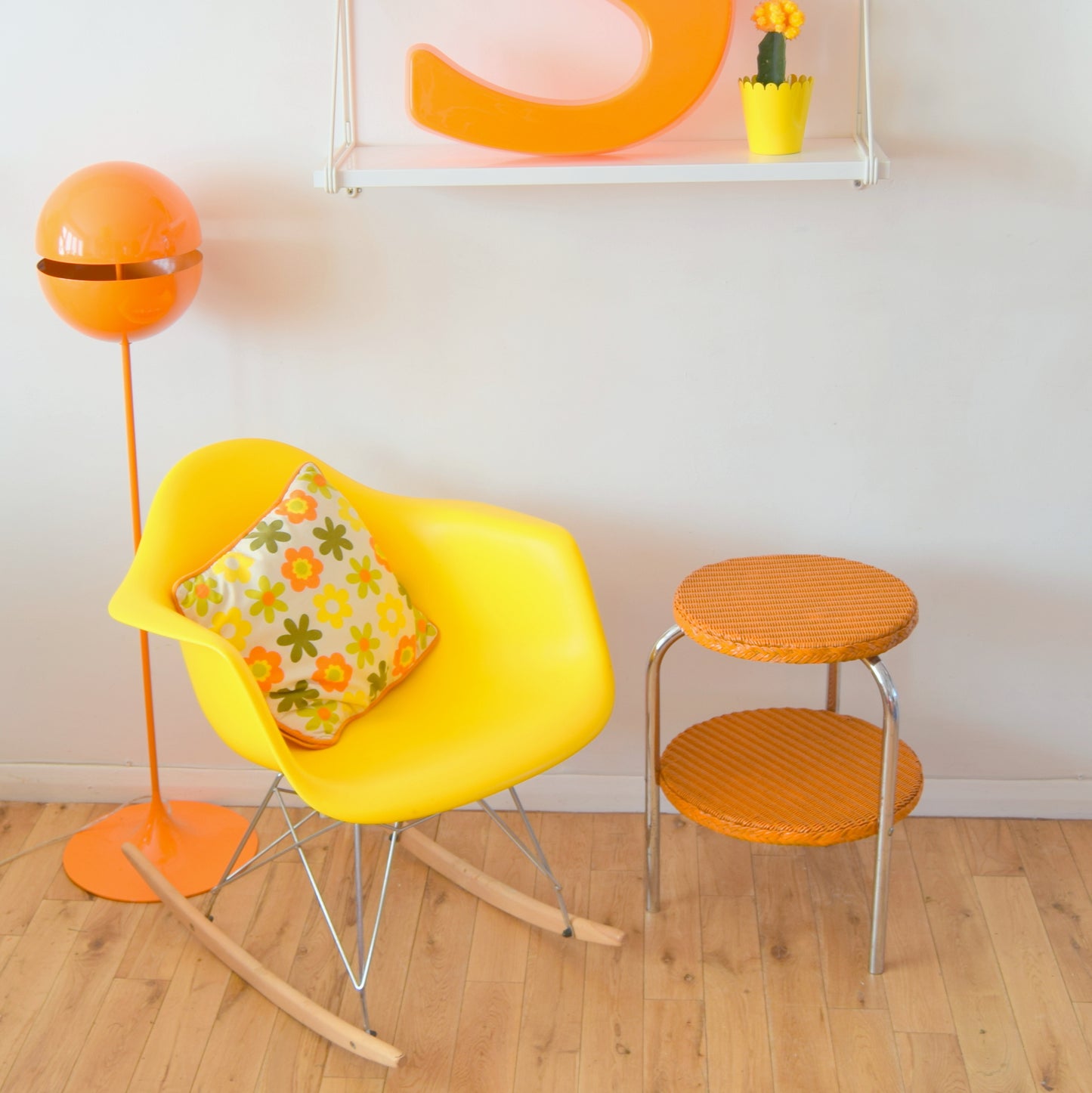 Vintage 1930s Rare Lloyd Loom Side Table - Chrome / Orange