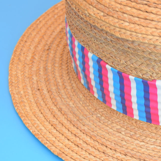 Vintage 1960s Straw Hat Boater - Vinyl Stripe Band