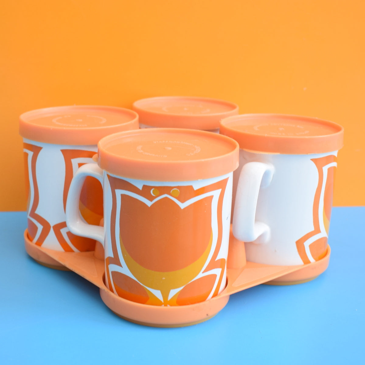 Vintage 1970s Mugs - Staffordshire Pottery - White & Orange Tulip