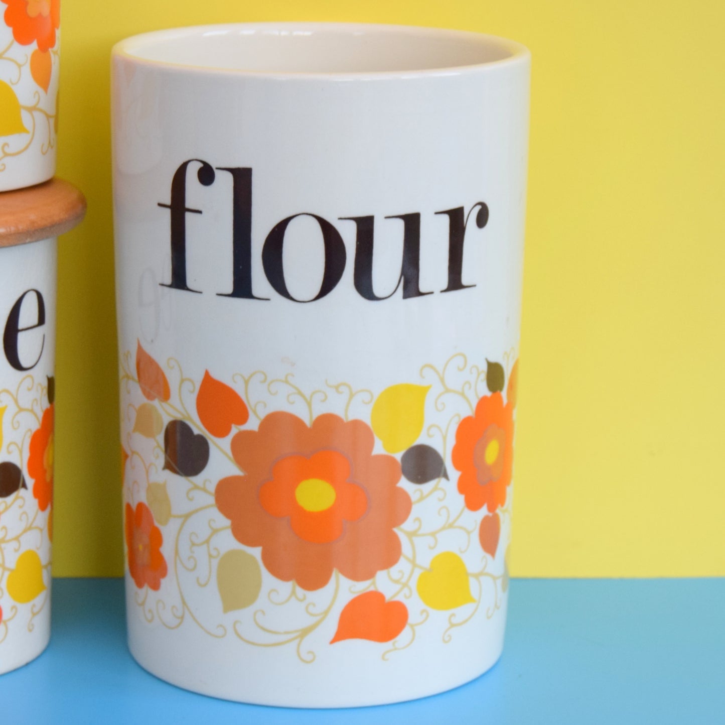 Vintage 1960s Crown Devon Ceramic Jars - Flower Power - Coffee / Sugar - Wooden Lids