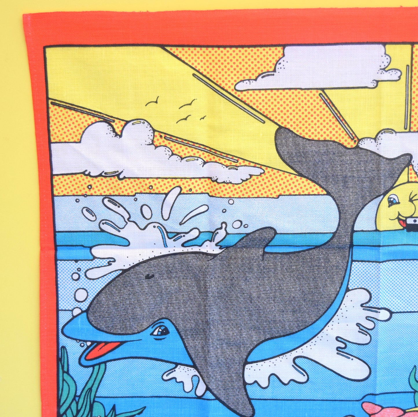 Vintage 1970s Unused Tea Towel - Lichtenstein Style Dolphins