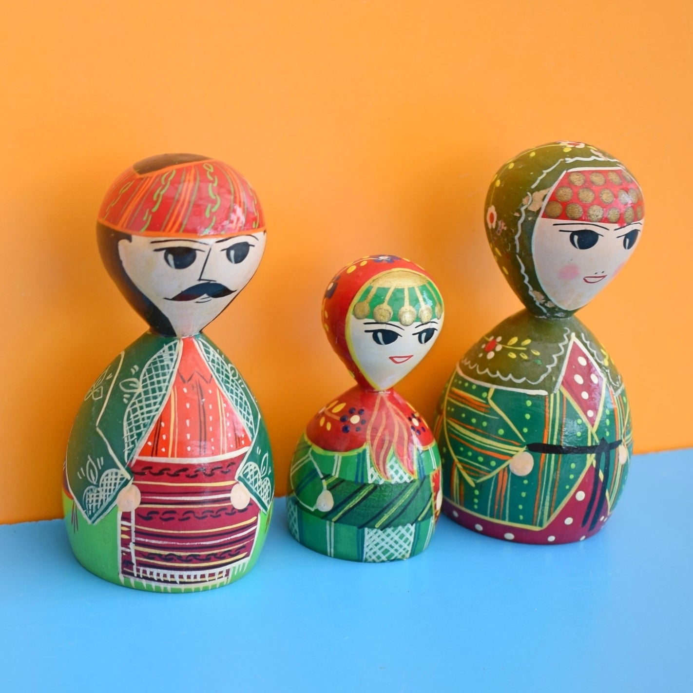 Vintage 1970s Wooden Russian Painted Figures