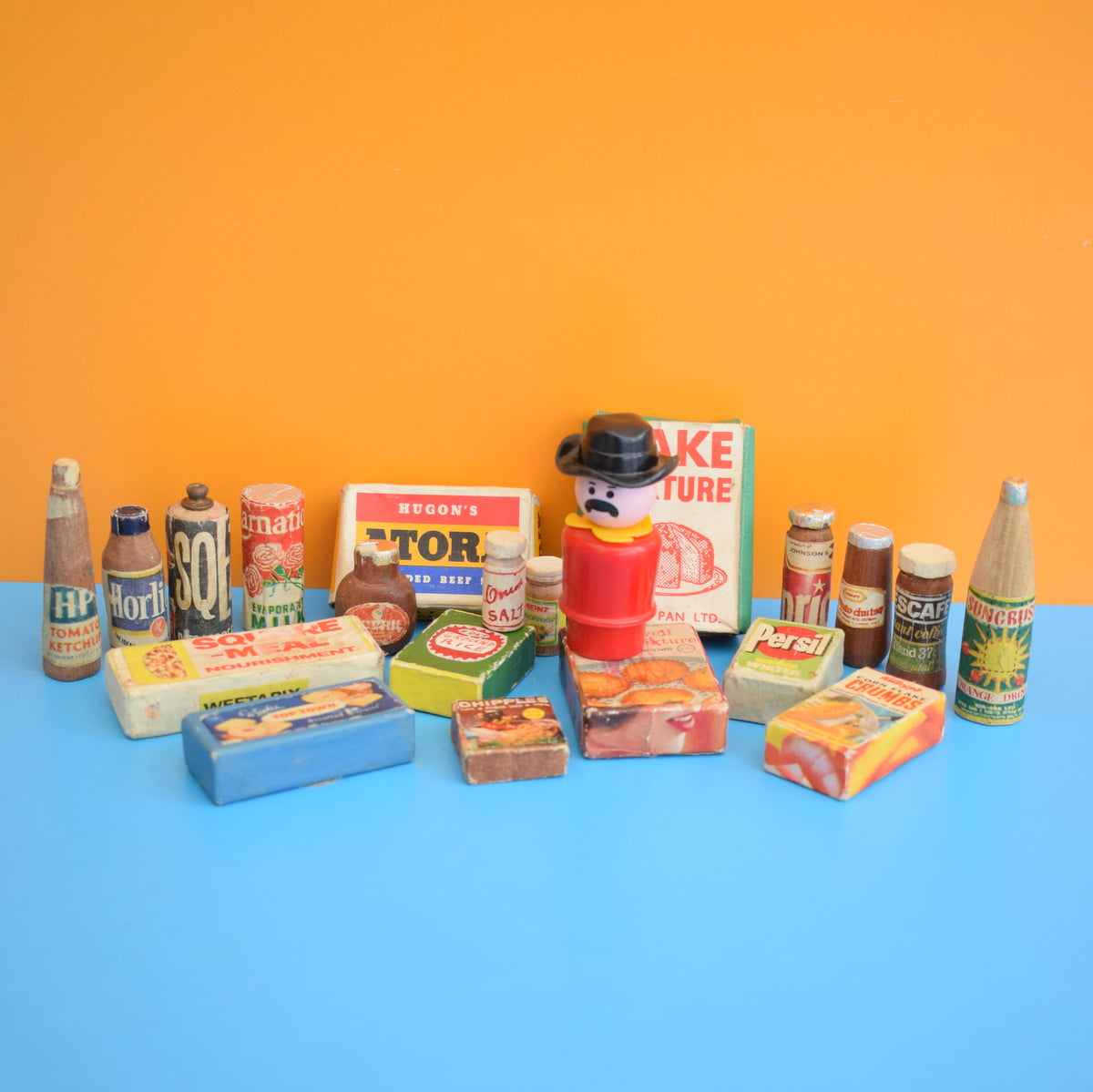 Vintage 1960s Wooden Toy Food Packets / Bottles - Homemade