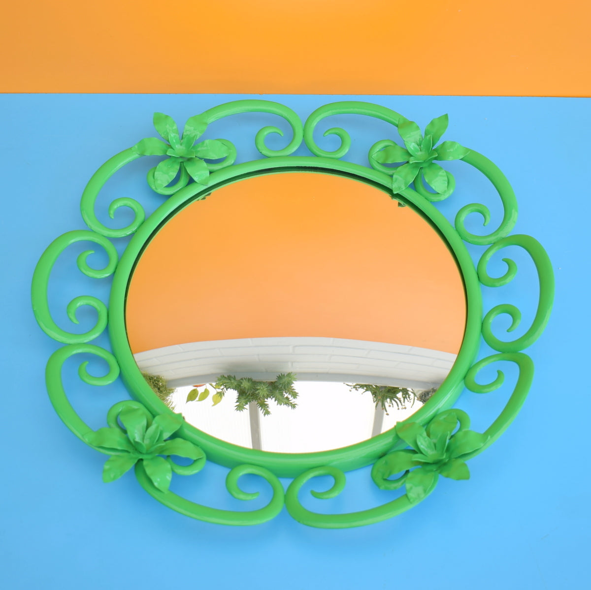 Vintage 1960s Round Metal Convex Mirror - Green