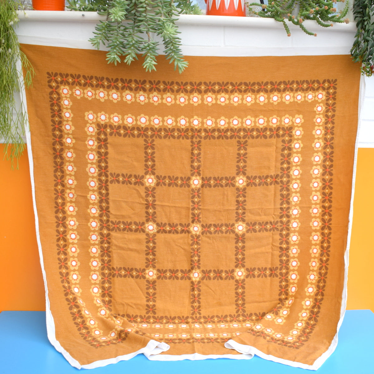 Vintage 1970s Tablecloth - Flower Power - Orange / Brown by Pineapple Retro