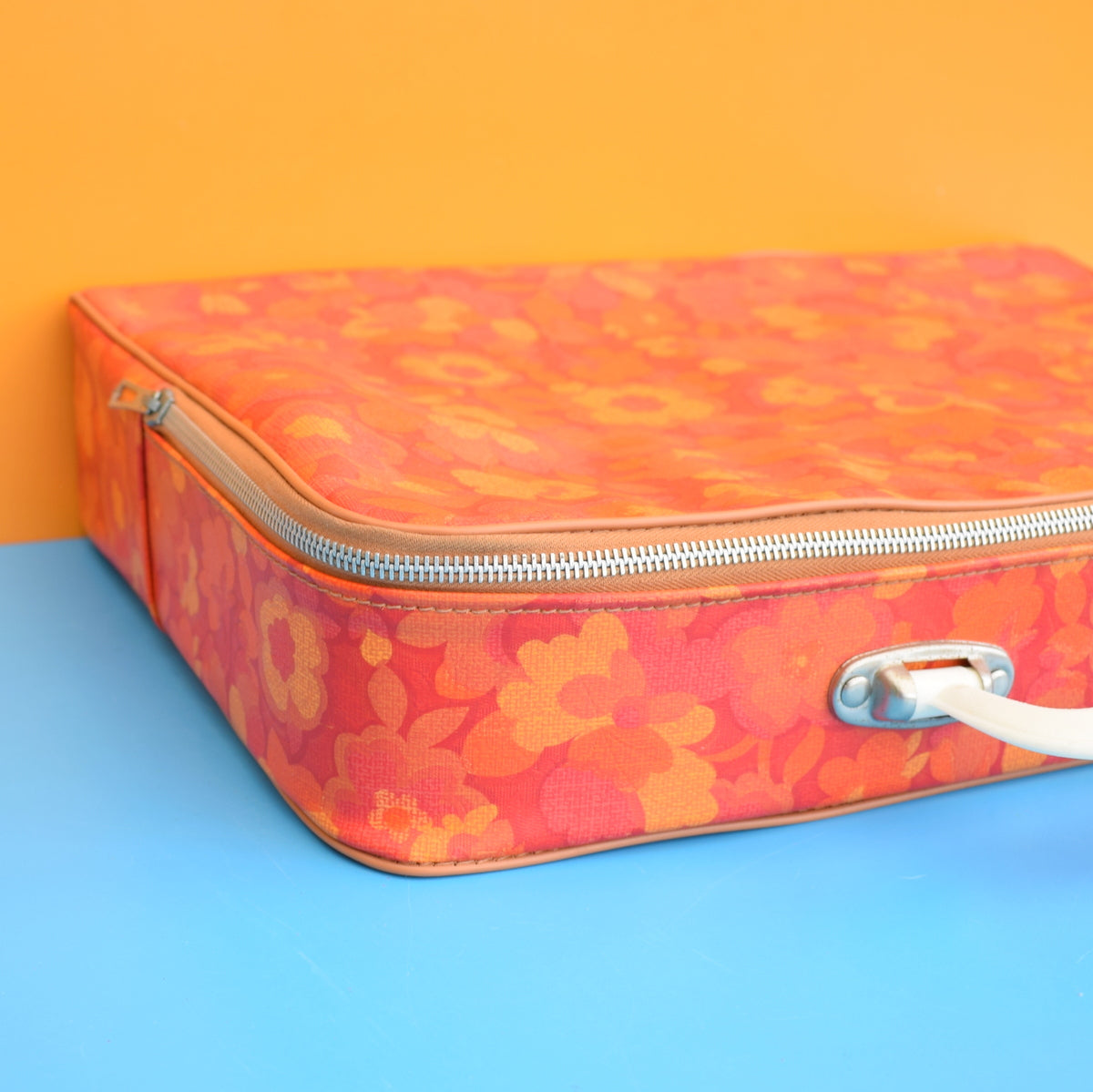 Vintage 1960s Vinyl Suitcase - Flower Power - Orange