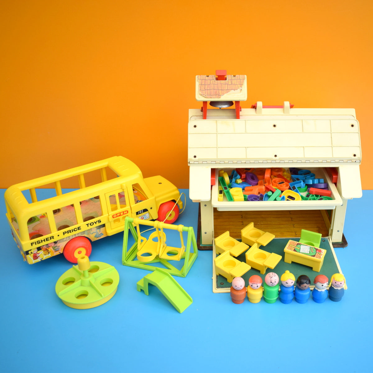 Vintage 1980s Fisher Price School House & Yellow Bus Set