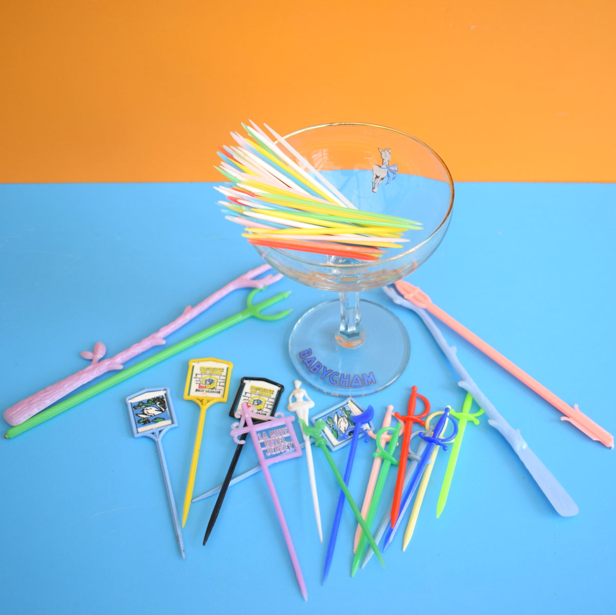 Vintage 1950s Babycham Glass & Cocktail Sticks