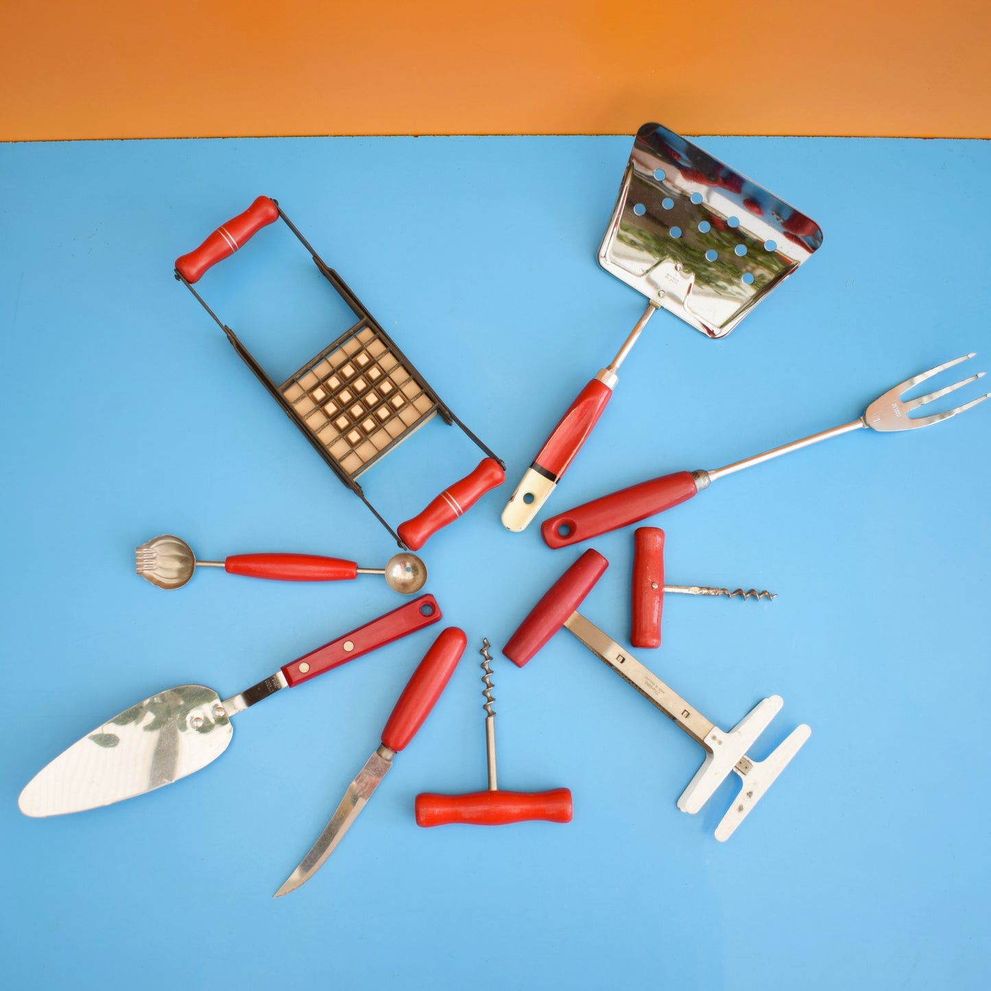 Vintage 1960s Kitchen Utensils - Plastic / Wood Handles - Rainbow Colours