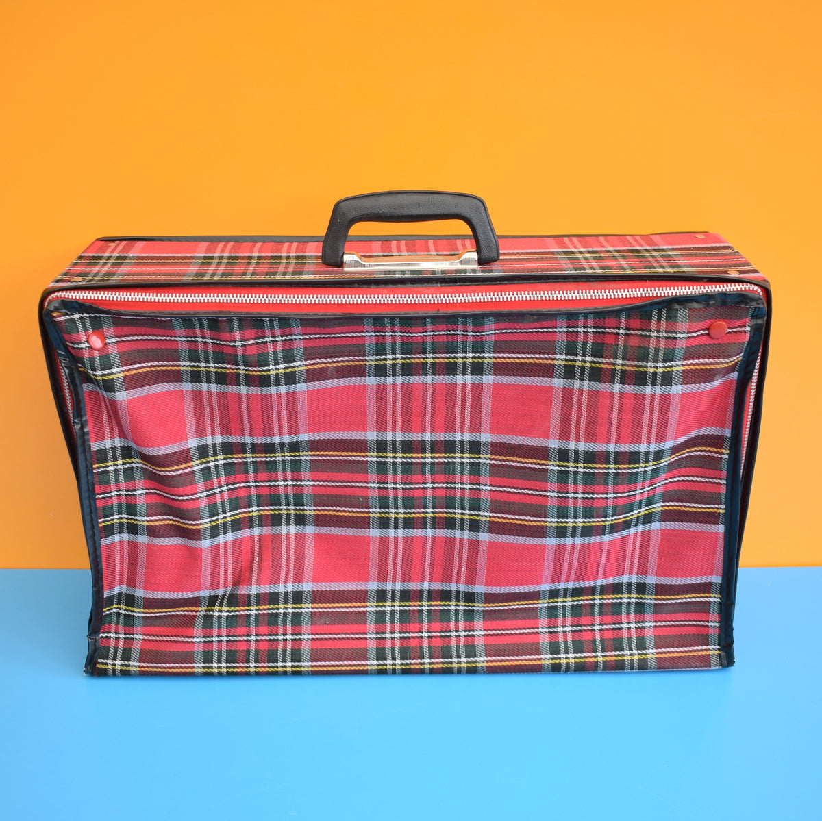 Vintage 1960s Large Mod Suitcase - Tartan - Red / Black by Vintage