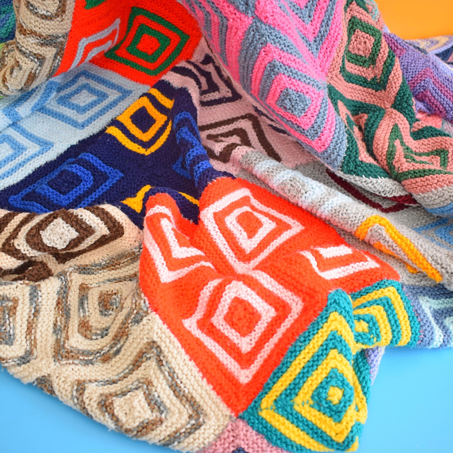 Vintage 1970s Knitted Blanket / Throw - Squares by Vintage