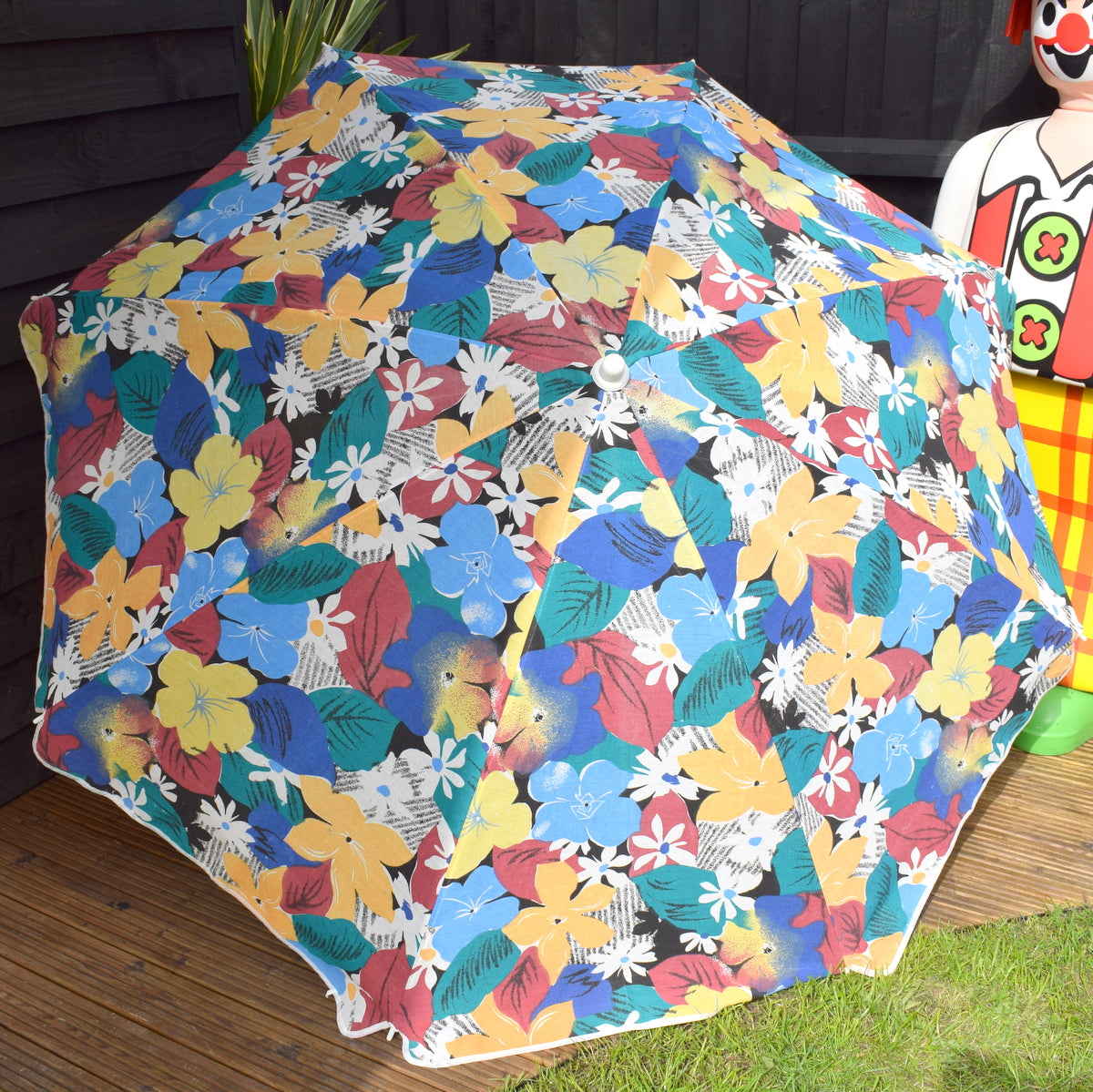 Vintage 1990s Parasol - Flowers - Maroon / Teal