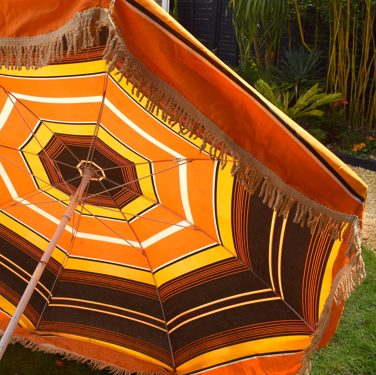 Vintage 1970s Parasol - Stripes- Orange