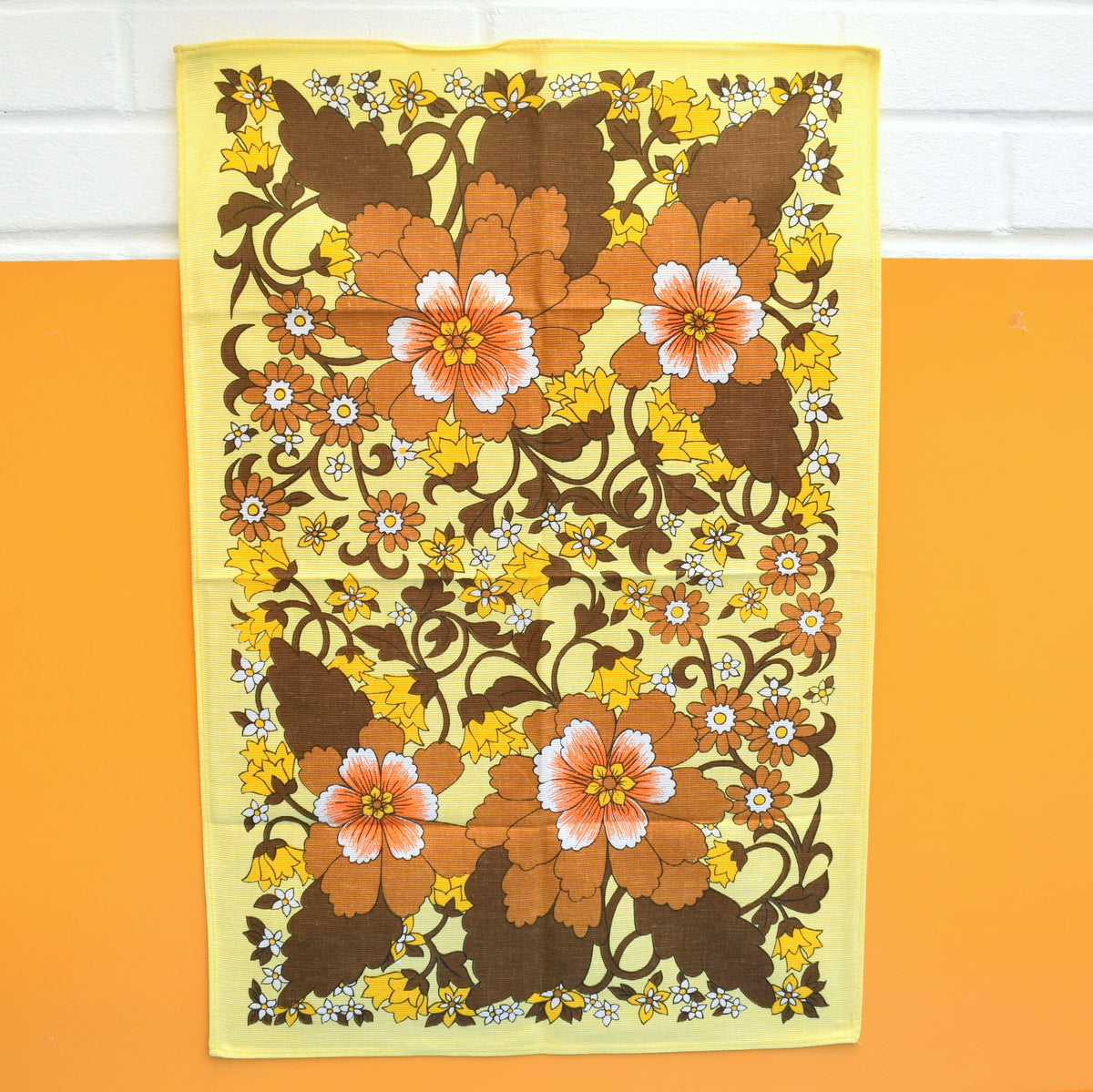 Vintage 1960s Tea Towel - Florals - Yellow / Brown