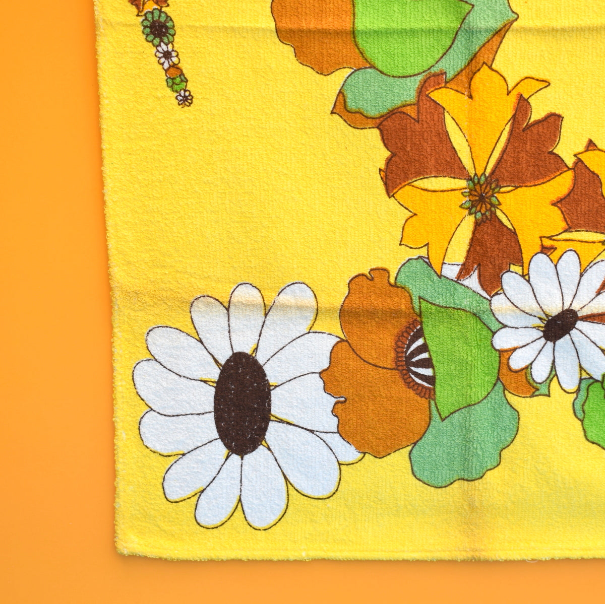 Vintage 1960s Tea Towel - Flower Power - Yellow / Brown / Green