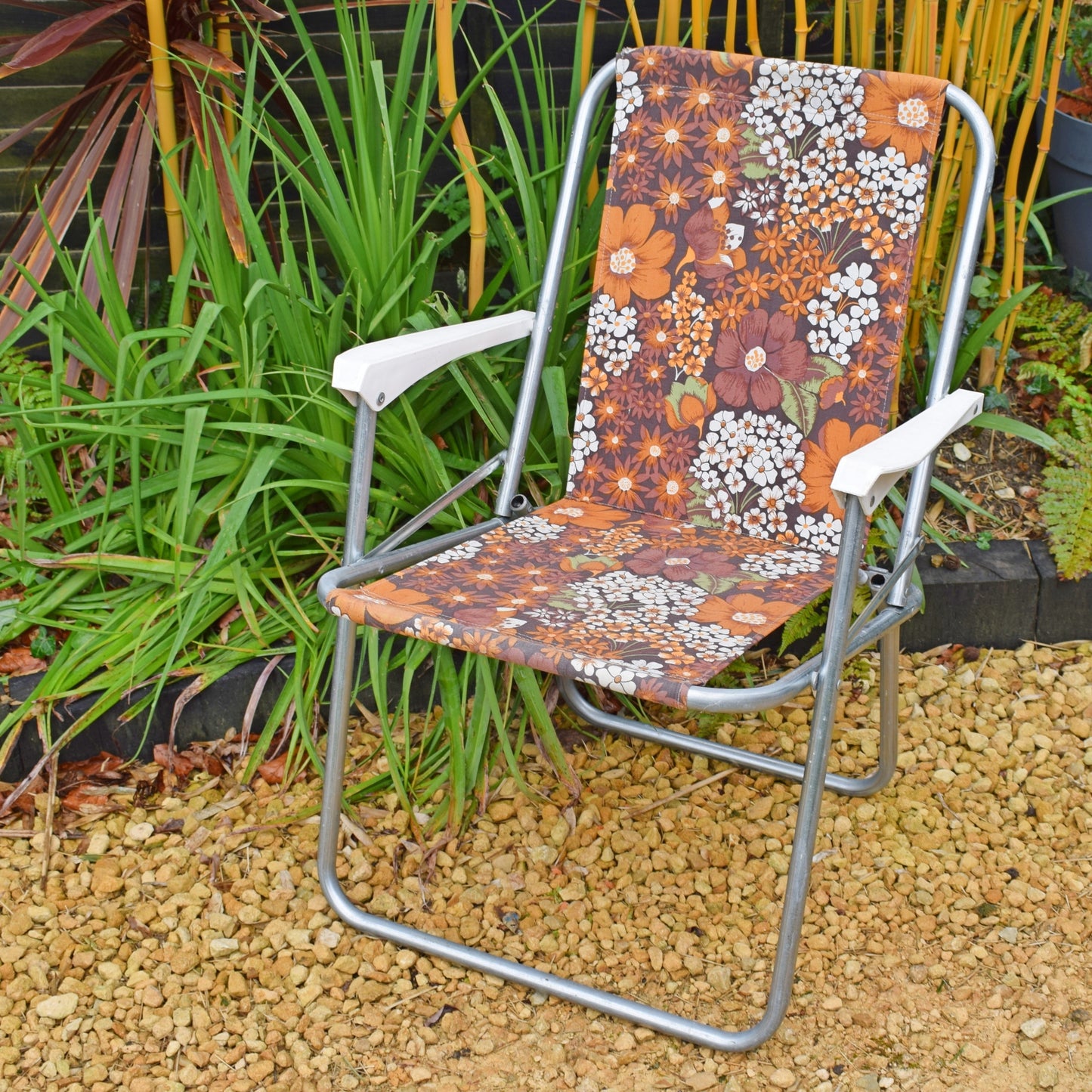 Vintage 1960s Folding Garden Chair - Flowers- Brown