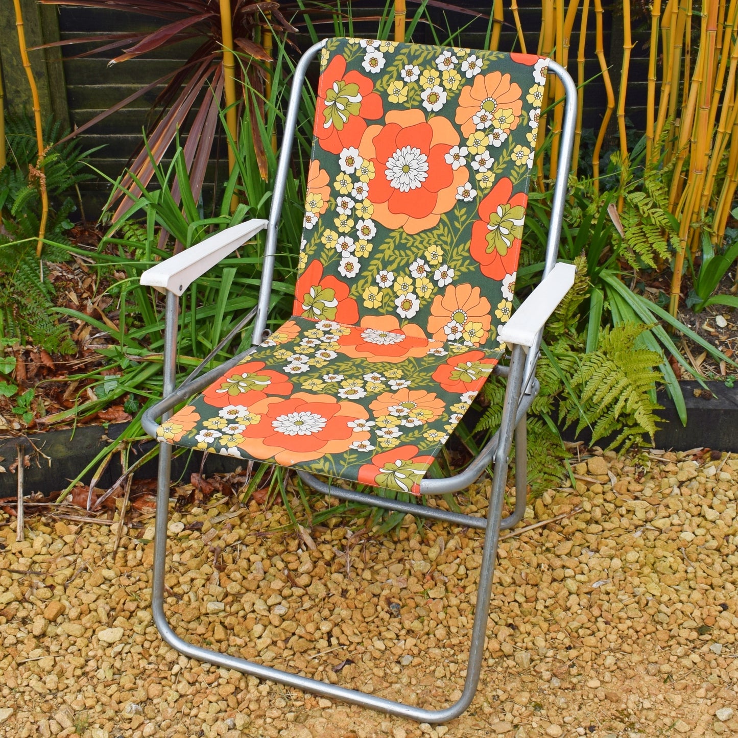 Vintage 1960s Folding Garden Chair - Flowers- Orange
