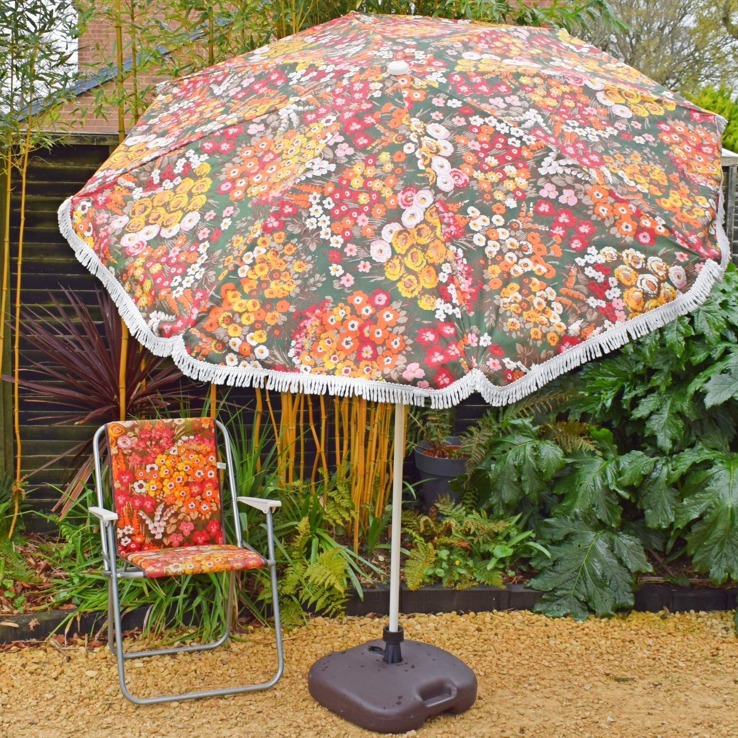 Vintage 1970s Garden Parasol / Chair - Orange Flowers