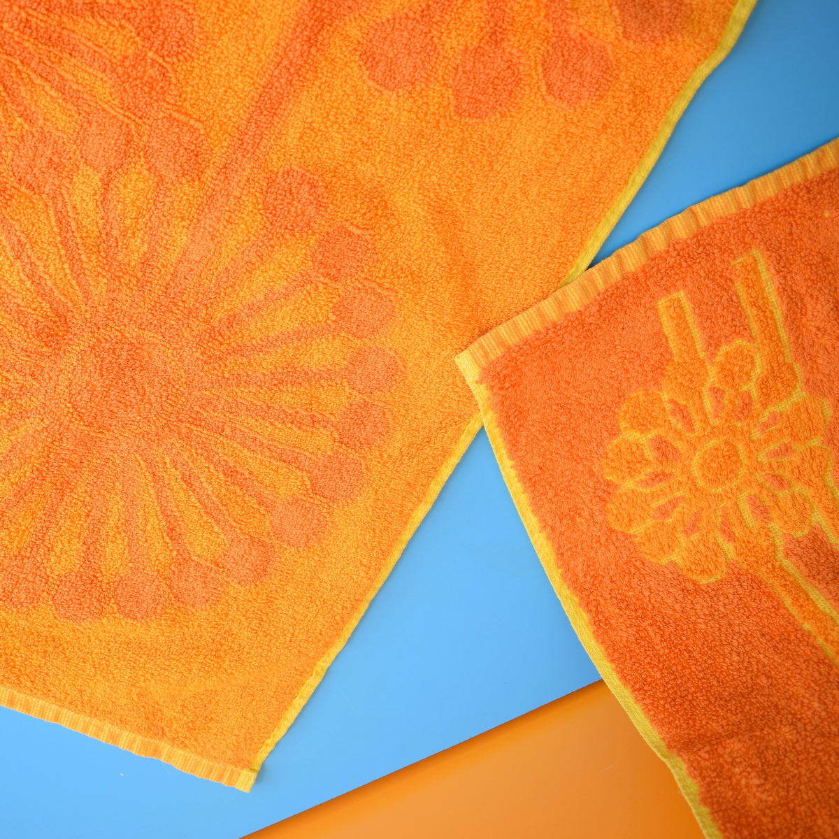 Vintage 1960s Cotton Bath Towels - Flower Power- Orange