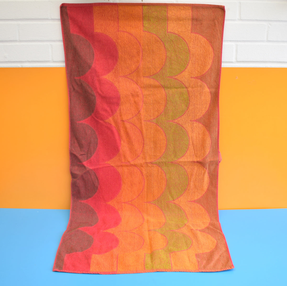 Vintage 1960s Cotton Bath Towel - Geometric - Orange by Pineapple Retro
